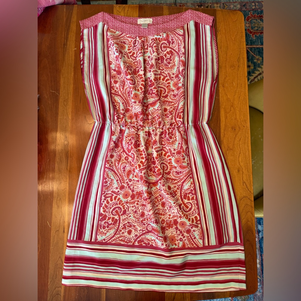 LOFT Pink Paisley & Stripe Scarf Print Dress, Sz S